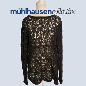 Black Open Knit Boho Sweater | Lightweight Sheer Crochet Pullover |